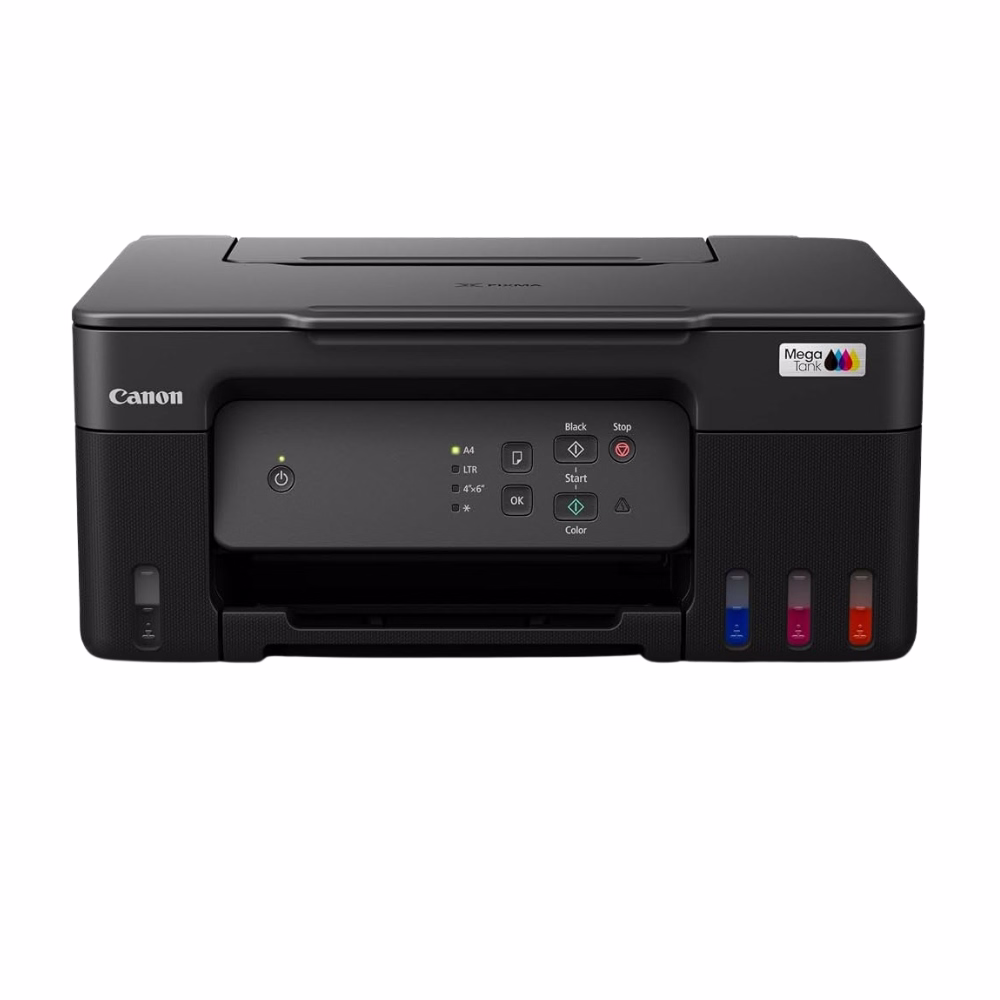 เครื่องพิมพ์มัลติฟังก์ชันอิงค์เจ็ท Canon PIXMA G2730 ระบบ MegaTank ด้านหน้าตรง แสดงแผงควบคุมและช่องมองระดับหมึก