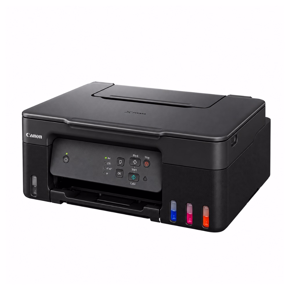เครื่องพิมพ์แท็งก์แท้ Canon PIXMA G2730 สีดำ มุมมองสามมิติเฉียง ดีไซน์กะทัดรัด แผงควบคุมปุ่มกด และช่องมองระดับน้ำหมึก