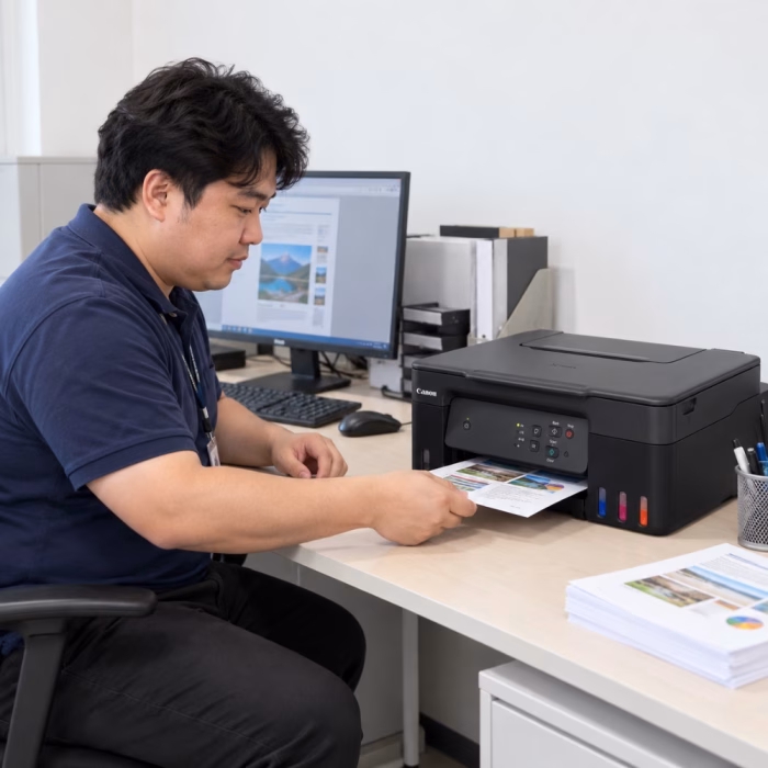 canon-pixma-g2730-aio-ink-tank-printer-4 การใช้งานเครื่องพิมพ์ Canon PIXMA G2730 บนโต๊ะทำงานในสำนักงาน ผู้ใช้งานกำลังรับเอกสารสีที่พิมพ์เสร็จเรียบร้อย