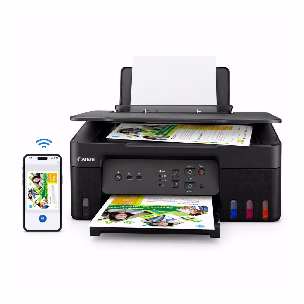 เครื่องพิมพ์มัลติฟังก์ชันอิงค์เจ็ทไร้สาย Canon PIXMA G3730 เชื่อมต่อสั่งพิมพ์ผ่านสมาร์ตโฟน Wi-Fi ถาดสแกนและงานพิมพ์สีด้านหน้า