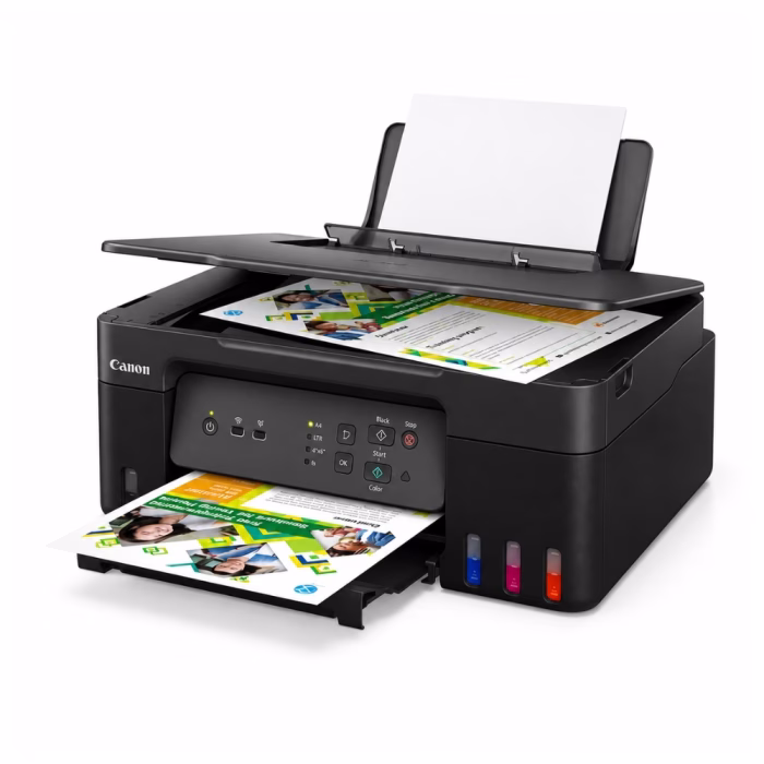 canon-pixma-g3730-aio-ink-tank-printer-2 เครื่องพิมพ์แท็งก์แท้ไร้สาย Canon PIXMA G3730 สีดำ มุมมองสามมิติเฉียง แสดงแผงปุ่มควบคุม สแกนเนอร์ และงานพิมพ์สีสดใส