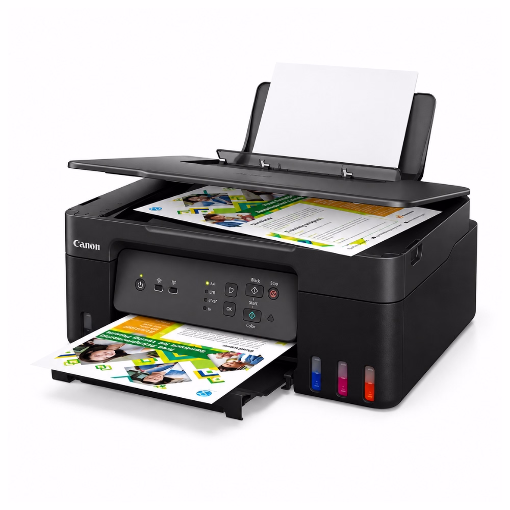 เครื่องพิมพ์แท็งก์แท้ไร้สาย Canon PIXMA G3730 สีดำ มุมมองสามมิติเฉียง แสดงแผงปุ่มควบคุม สแกนเนอร์ และงานพิมพ์สีสดใส
