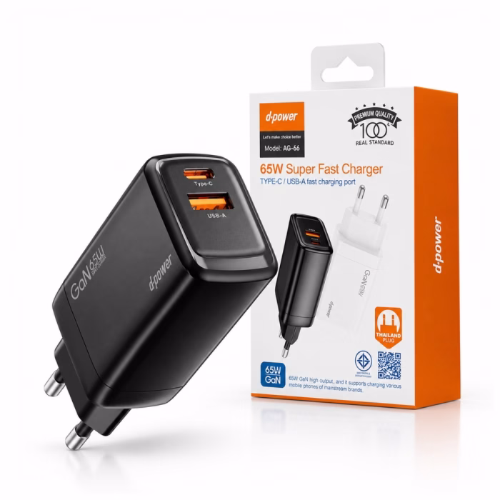 หัวชาร์จเร็ว GaN 65W D-power รุ่น AG-66 สีดำ 2 พอร์ต Type-C และ USB-A วางคู่กับกล่องบรรจุภัณฑ์ มาตรฐาน มอก.