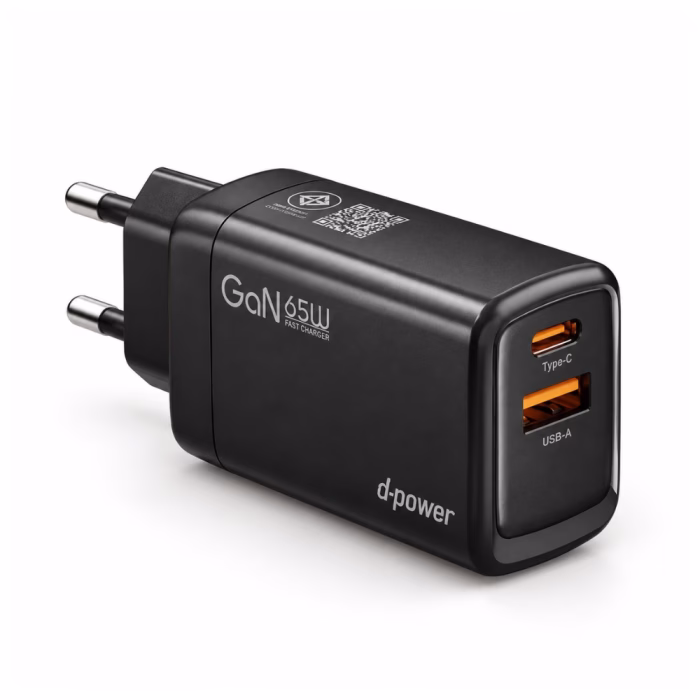 หัวชาร์จเร็ว 65W D-power รุ่น AG-66 สีดำ มุมมองสามมิติเฉียง โชว์ 2 พอร์ต Type-C และ USB-A สีส้ม รองรับชาร์จไว GaN Fast Charger