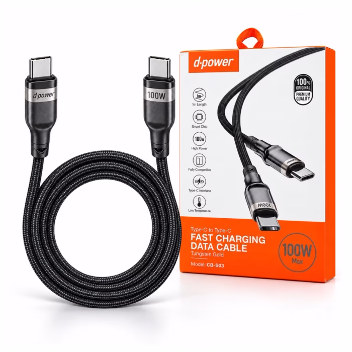สายชาร์จเร็ว Type-C to Type-C D-POWER รุ่น CB-S03 จ่ายไฟ 100W ยาว 1 เมตร สายถักสีดำวางคู่กับกล่องบรรจุภัณฑ์