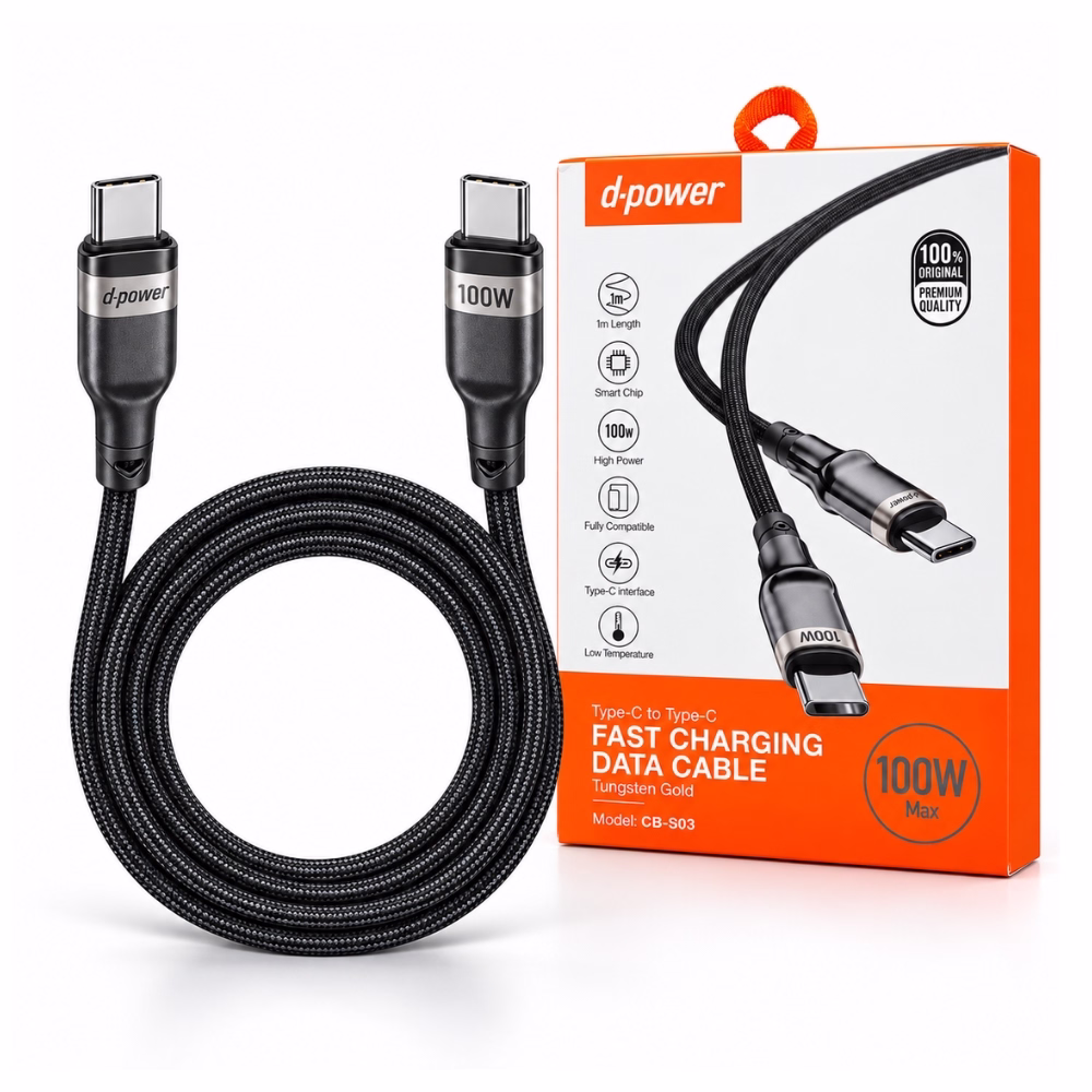 สายชาร์จเร็ว Type-C to Type-C D-POWER รุ่น CB-S03 จ่ายไฟ 100W ยาว 1 เมตร สายถักสีดำวางคู่กับกล่องบรรจุภัณฑ์