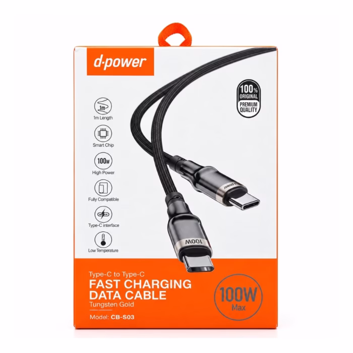 กล่องบรรจุภัณฑ์สายชาร์จเร็ว D-POWER รุ่น CB-S03 Type-C to Type-C 100W Max ยาว 1 เมตร พร้อมไอคอนสเปก Smart Chip