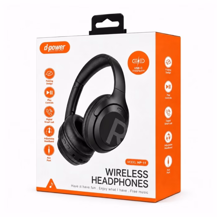 d-power-hp-11-black-bluetooth-headset-1 กล่องบรรจุภัณฑ์หูฟังไร้สายครอบหู D-POWER รุ่น HP-11 Wireless Headphones รองรับพอร์ตชาร์จ USB-C พับเก็บได้ และช่องต่อ AUX