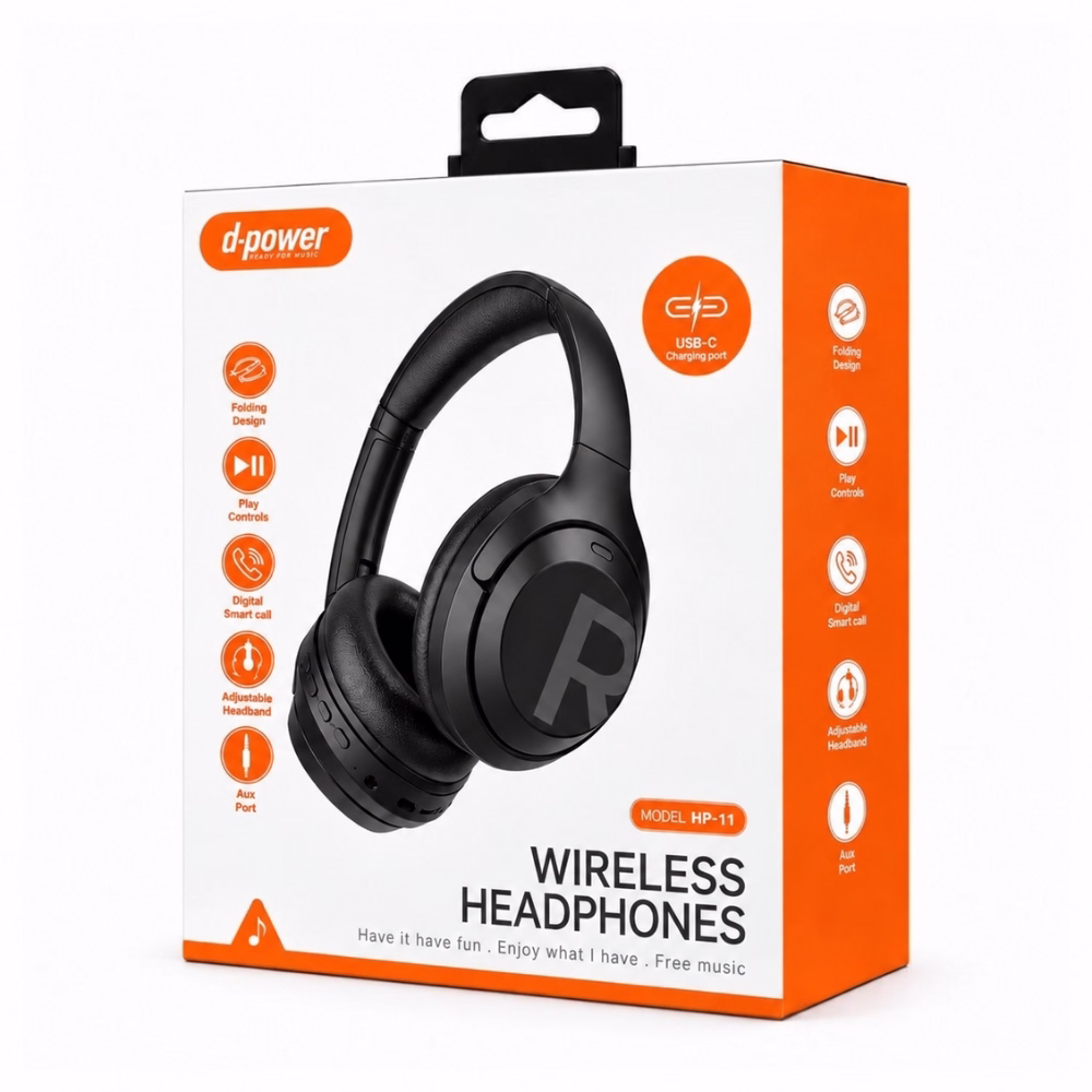 กล่องบรรจุภัณฑ์หูฟังไร้สายครอบหู D-POWER รุ่น HP-11 Wireless Headphones รองรับพอร์ตชาร์จ USB-C พับเก็บได้ และช่องต่อ AUX