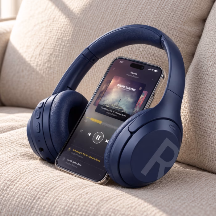 d-power-hp-11-blue-bluetooth-headset-4 หูฟังไร้สายครอบหู D-POWER สีน้ำเงิน วางคู่กับสมาร์ตโฟนเปิดแอปพลิเคชันฟังเพลงบนโซฟา สื่อถึงการใช้งานไร้สายที่สะดวกสบาย