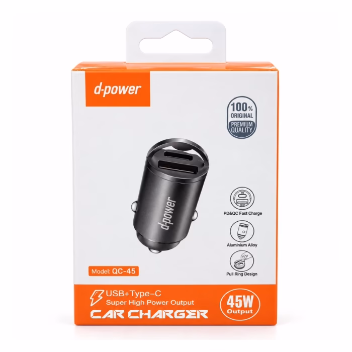 d-power-qc45-30w-car-charger-1 กล่องบรรจุภัณฑ์ที่ชาร์จในรถยนต์ D-power รุ่น QC45 ชาร์จเร็ว 2 พอร์ต USB และ Type-C วัสดุ Aluminium Alloy