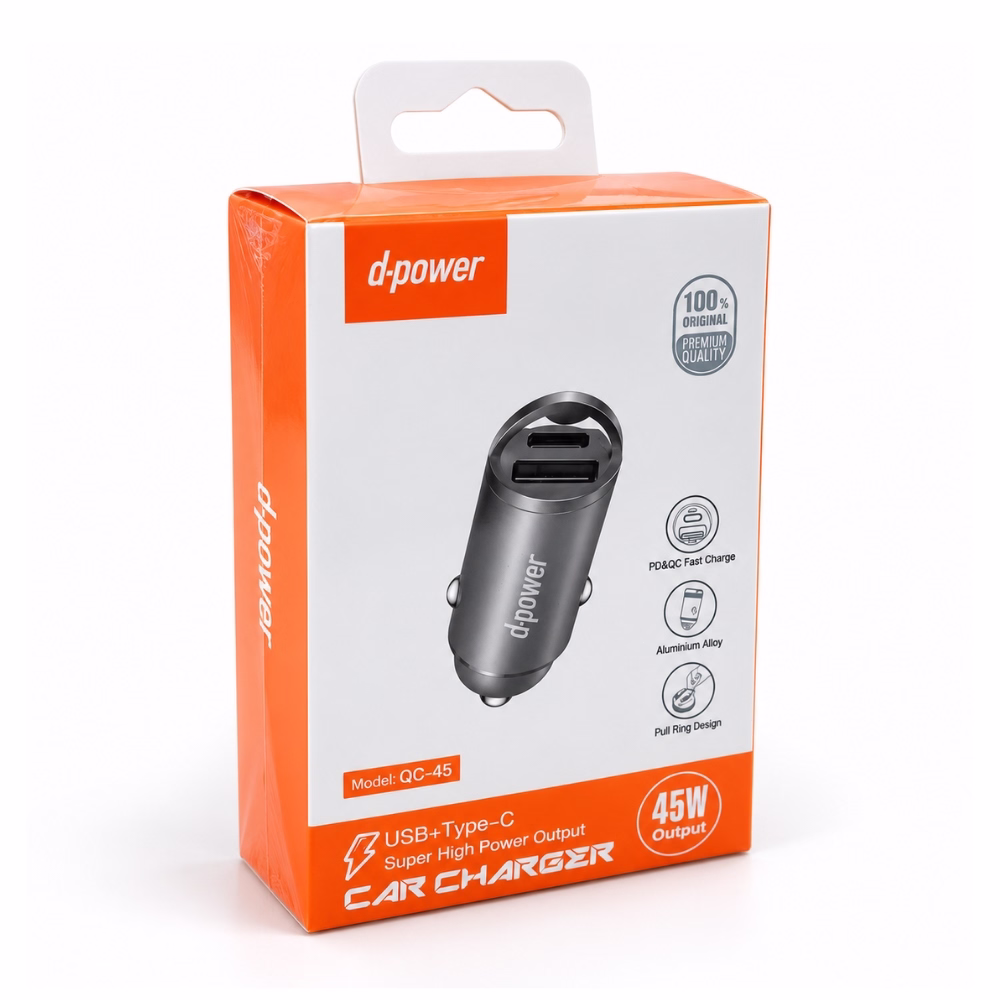 กล่องที่ชาร์จในรถยนต์ D-power QC45 ชาร์จไว 2 พอร์ต USB+Type-C มุมมองสามมิติเฉียง ซีลพลาสติกเรียบร้อย
