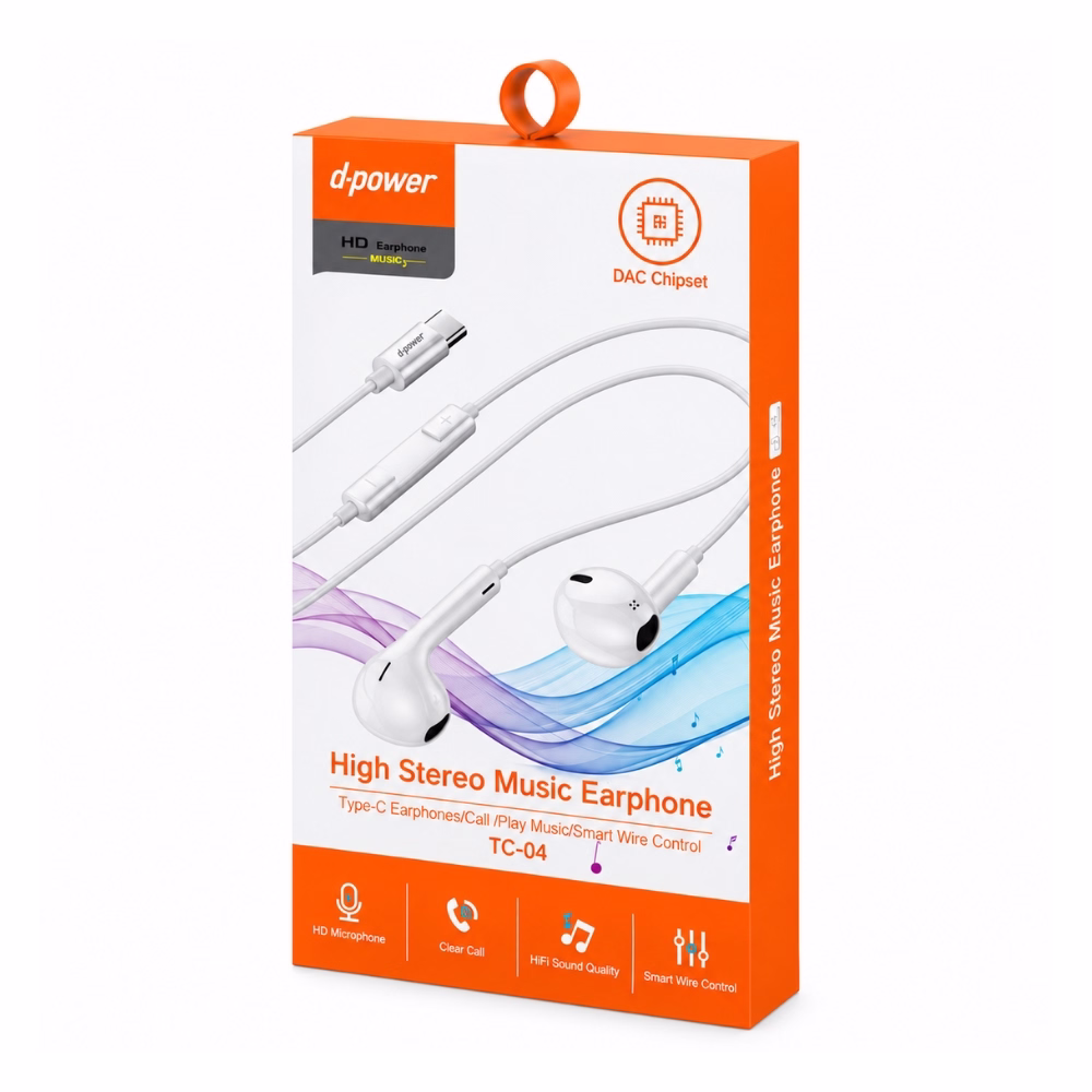 กล่องหูฟังสมอลทอล์ค Type-C D-power รุ่น TC-04 High Stereo Music Earphone พร้อมชิปเซ็ต DAC และไมโครโฟน HD