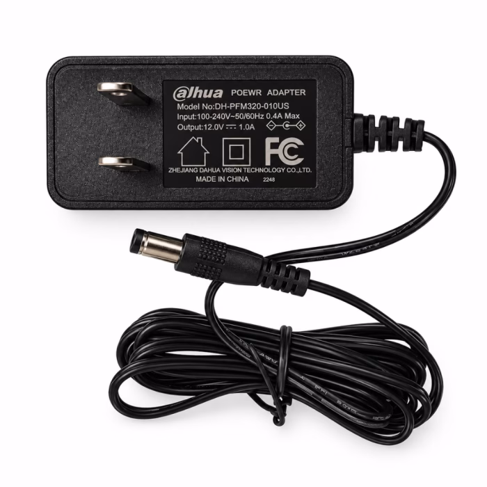 dahua-dh-pfm320-010us-12v-1a-power-adapter-3 ด้านหลังอะแดปเตอร์ Dahua DH-PFM320-010US แสดงสเปก Input 100-240V Output 12.0V 1.0A มาตรฐาน FC และหัวแจ็ค DC
