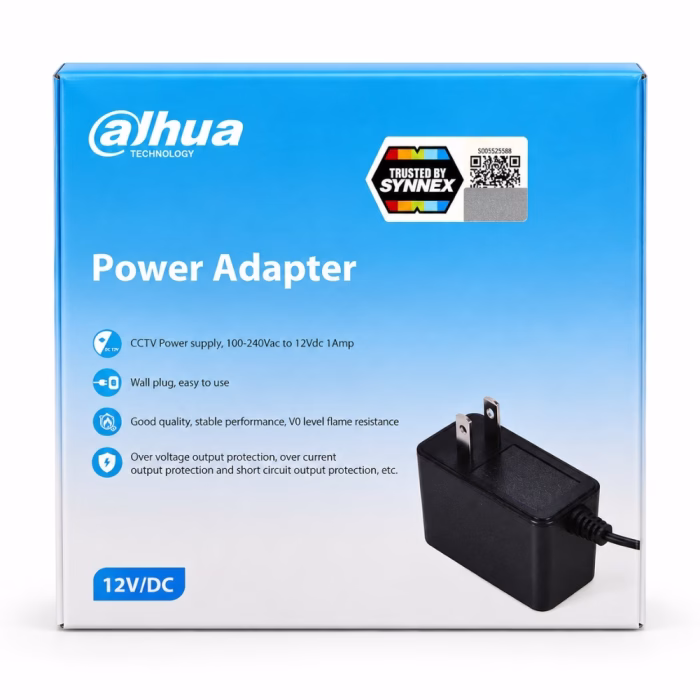 dahua-dh-pfm320-010us-12v-1a-power-adapter-4 กล่องบรรจุภัณฑ์อะแดปเตอร์กล้องวงจรปิด Dahua 12V 1A รุ่น DH-PFM320-010US ด้านหน้าตรง พร้อมสติกเกอร์ Trusted by Synnex