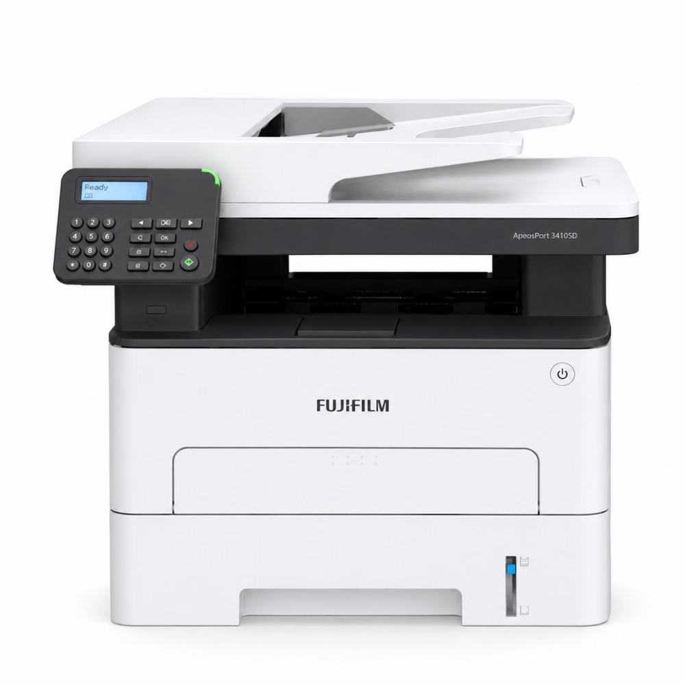 fujifilm-apeosport-print-3410sd-monochrome-1 เครื่องพิมพ์เลเซอร์มัลติฟังก์ชันขาวดำ Fujifilm ApeosPort 3410SD ด้านหน้าตรง หน้าจอ LCD แป้นพิมพ์ตัวเลข ถาดกระดาษ 250 แผ่น