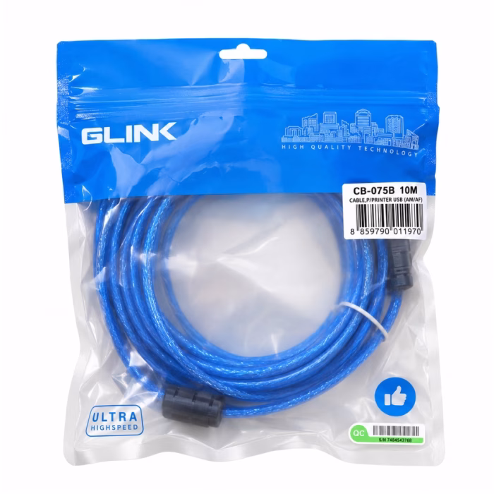 สายเครื่องพิมพ์ USB 2.0 สีใส GLINK รุ่น CB075B ยาว 10 เมตร ในซองซิปล็อก Ultra High Speed ร้านเควีซี คอมพิวเตอร์