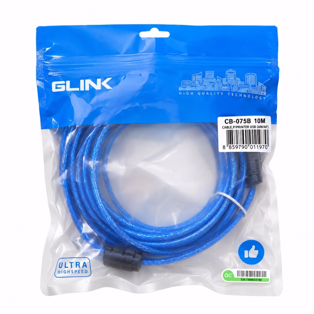สายเครื่องพิมพ์ USB 2.0 สีใส GLINK รุ่น CB075B ยาว 10 เมตร ในซองซิปล็อก Ultra High Speed ร้านเควีซี คอมพิวเตอร์