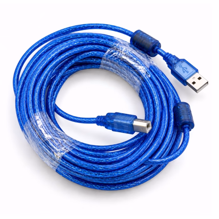 สายเครื่องพิมพ์ USB 2.0 GLINK CB075B สีน้ำเงินใส ยาว 10 เมตร ม้วนทรงกลม โชว์หัวต่อ USB-A และ USB-B พร้อมแกนเฟอร์ไรต์คู่ ร้านเควีซี คอมพิวเตอร์