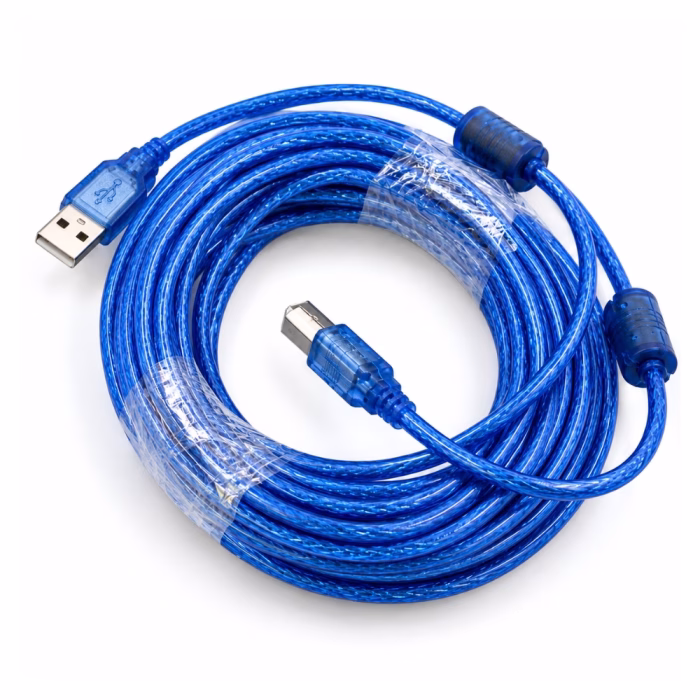 สายเครื่องพิมพ์ GLINK CB075B USB 2.0 ยาว 10 เมตร สีฟ้าใส ม้วนทรงกลมมุมมองด้านบน โชว์แกนเฟอร์ไรต์คู่และชิลด์ถัก ร้านเควีซี คอมพิวเตอร์