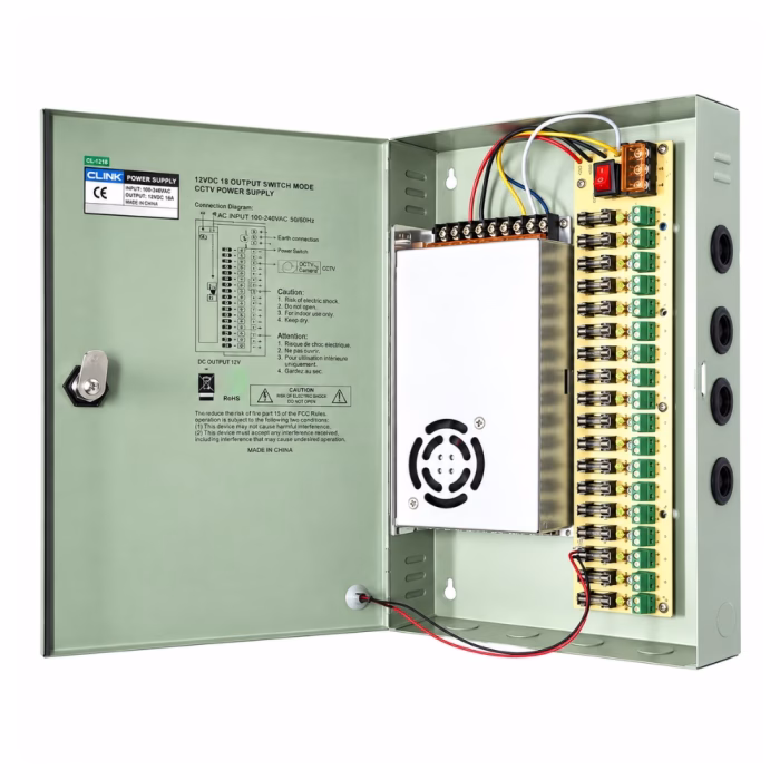 ตู้จ่ายไฟกล้องวงจรปิด GLINK รุ่น GIPS-006 ขนาด 12V 20A 18 ช่อง เปิดฝาหน้าโชว์พาวเวอร์ซัพพลาย พัดลมระบายอากาศ และแผงฟิวส์ ร้านเควีซี คอมพิวเตอร์