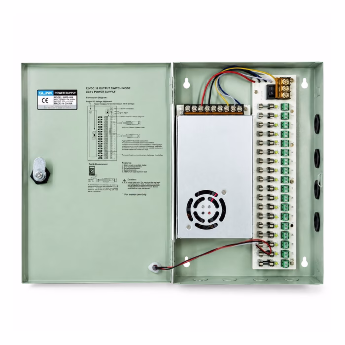 แผงวงจรภายในตู้จ่ายไฟกล้องวงจรปิด GLINK GIPS-006 ด้านหน้าตรง แสดงสวิตชิ่ง 12V 20A ฟิวส์แยกอิสระ 18 แชนแนล และแผนผังวงจร