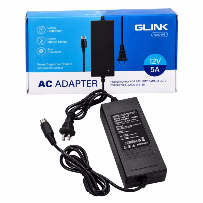 อะแดปเตอร์ DVR 12V 5A หัว 4 Pin GLINK รุ่น GAC-105 สีดำ สำหรับกล้องวงจรปิด วางคู่กับกล่องบรรจุภัณฑ์ ร้านเควีซี คอมพิวเตอร์