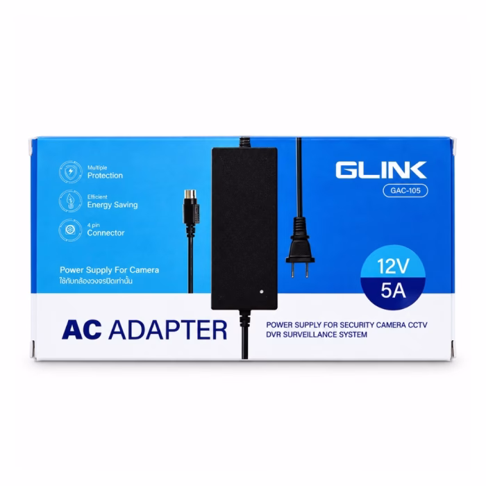 กล่องบรรจุภัณฑ์อะแดปเตอร์ DVR GLINK รุ่น GAC-105 ขนาด 12V 5A ด้านหน้าตรง แสดงสเปก 4 pin Connector และ Multiple Protection