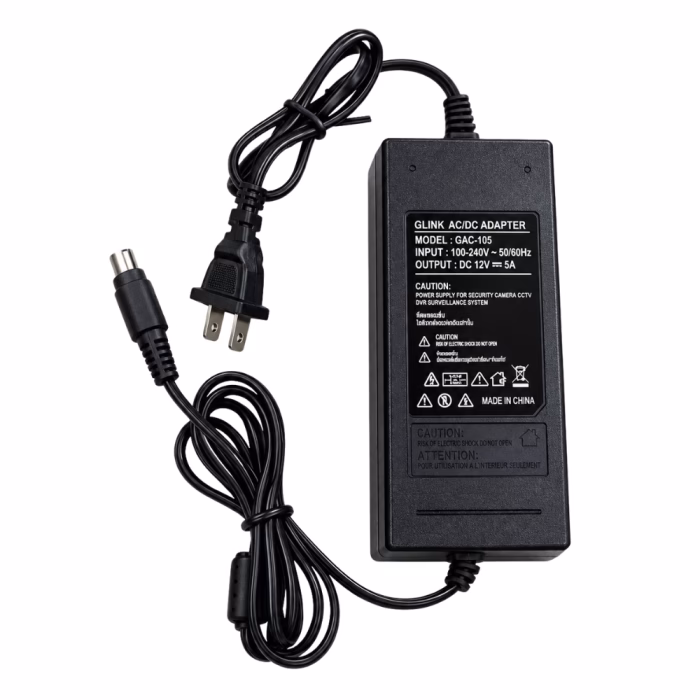 อะแดปเตอร์ DVR 12V 5A หัว 4 Pin GLINK รุ่น GAC-105 สีดำ แสดงป้ายสเปก Input 100-240V Output 12V 5A พร้อมสายไฟและหัวต่อ 4 Pin