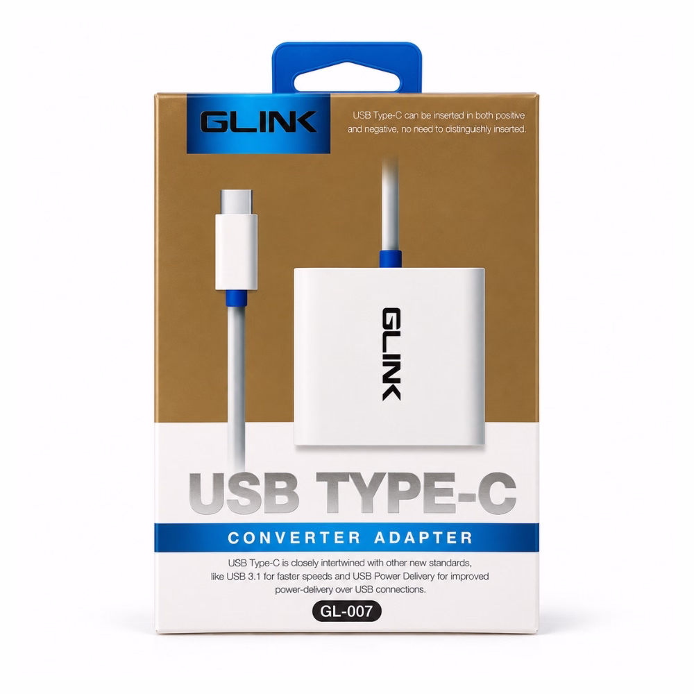 กล่องบรรจุภัณฑ์ตัวแปลง USB-C เป็น VGA GLINK รุ่น GL-007B สีทองตัดขาว USB Type-C Converter Adapter ร้านเควีซี คอมพิวเตอร์