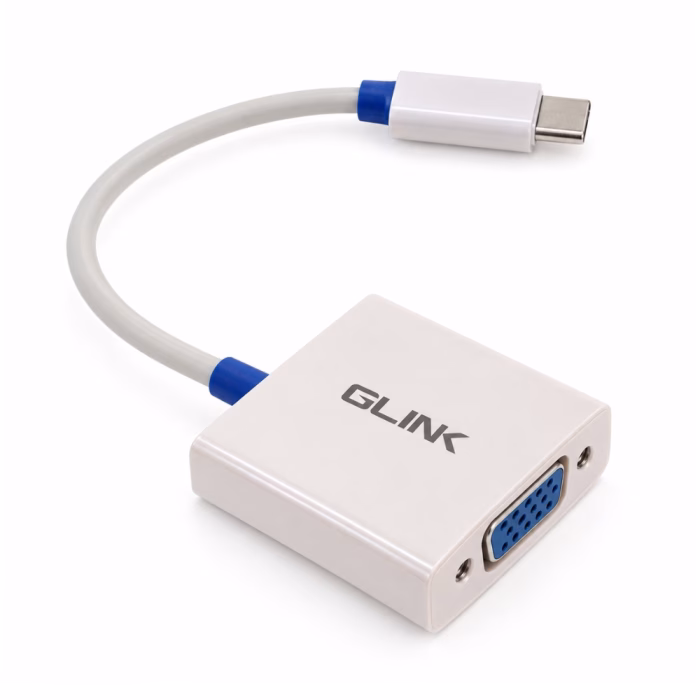 glink-gl007b-usbc-to-vga-2 ตัวแปลง USB-C to VGA GLINK GL007B สีขาว มุมมองสามมิติ โชว์โลโก้ GLINK พอร์ต VGA 15 พิน และหัวต่อ Type-C ร้านเควีซี คอมพิวเตอร์