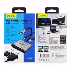 กล่องบรรจุภัณฑ์ตัวแปลง USB-C เป็น HDMI และ VGA 4-in-1 GLINK รุ่น GL030 ด้านหน้าและหลัง แสดงสเปก 4K 30Hz VGA 1080p PD 87W ร้านเควีซี คอมพิวเตอร์