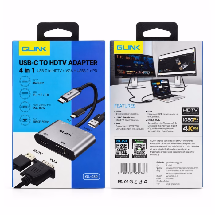 glink-gl030-usbc-hdmi-vga-adapter-1 กล่องบรรจุภัณฑ์ตัวแปลง USB-C เป็น HDMI และ VGA 4-in-1 GLINK รุ่น GL030 ด้านหน้าและหลัง แสดงสเปก 4K 30Hz VGA 1080p PD 87W ร้านเควีซี คอมพิวเตอร์