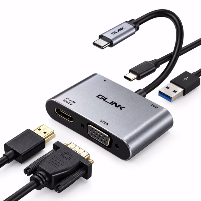 glink-gl030-usbc-hdmi-vga-adapter-2 ตัวแปลง USB-C 4-in-1 GLINK รุ่น GL030 มุมมองสามมิติ จำลองการเสียบสาย HDMI VGA USB 3.0 และสายชาร์จ USB-C PD ร้านเควีซี คอมพิวเตอร์