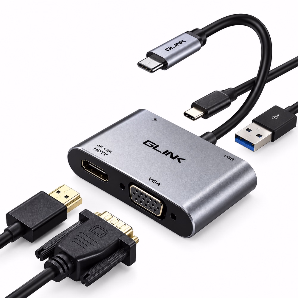 ตัวแปลง USB-C 4-in-1 GLINK รุ่น GL030 มุมมองสามมิติ จำลองการเสียบสาย HDMI VGA USB 3.0 และสายชาร์จ USB-C PD ร้านเควีซี คอมพิวเตอร์