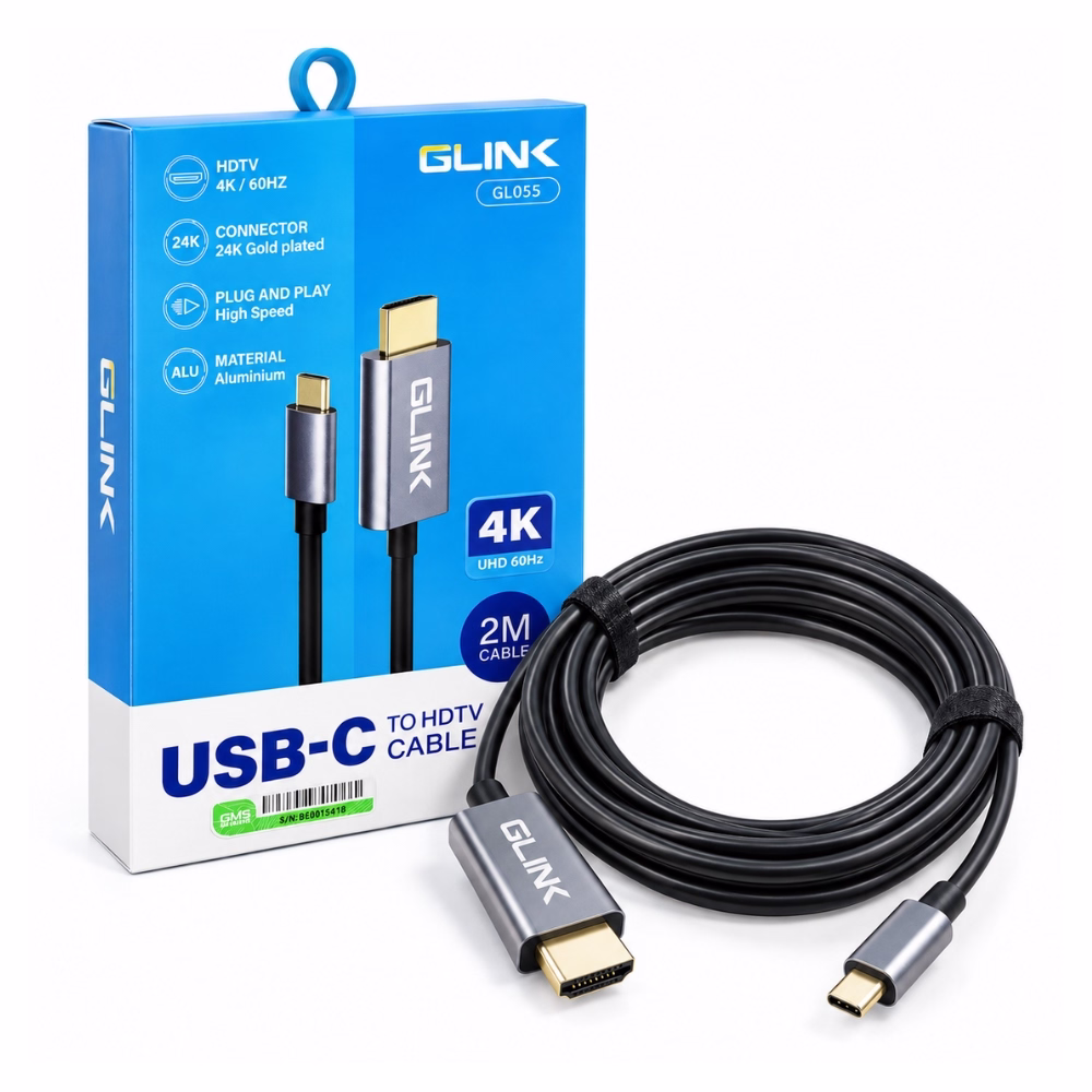 สายแปลง USB-C เป็น HDMI GLINK รุ่น GL055 ยาว 2 เมตร รองรับ 4K 60Hz หัวต่อชุบทอง 24K วางคู่กับกล่องบรรจุภัณฑ์ ร้านเควีซี คอมพิวเตอร์