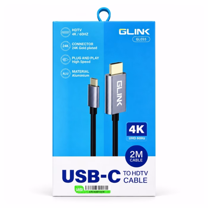 glink-gl055-usbc-to-hdmi-3 กล่องบรรจุภัณฑ์สายแปลง USB-C เป็น HDMI GLINK รุ่น GL055 ยาว 2 เมตร ด้านหน้าตรง แสดงสเปก 4K 60Hz หัวชุบทอง 24K และบอดี้อะลูมิเนียม