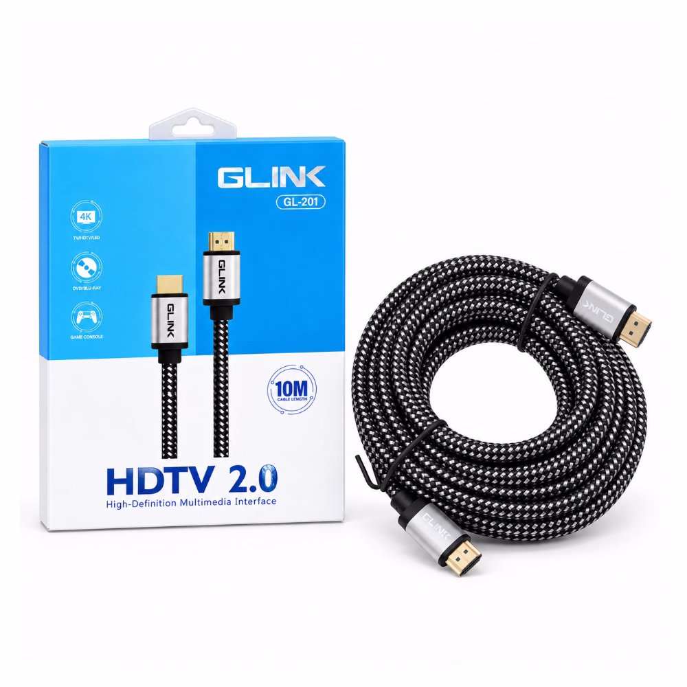 สาย HDMI แบบถัก GLINK รุ่น GL201 ยาว 10 เมตร มาตรฐาน HDTV 2.0 รองรับ 4K วางคู่กับกล่องบรรจุภัณฑ์ ร้านเควีซี คอมพิวเตอร์
