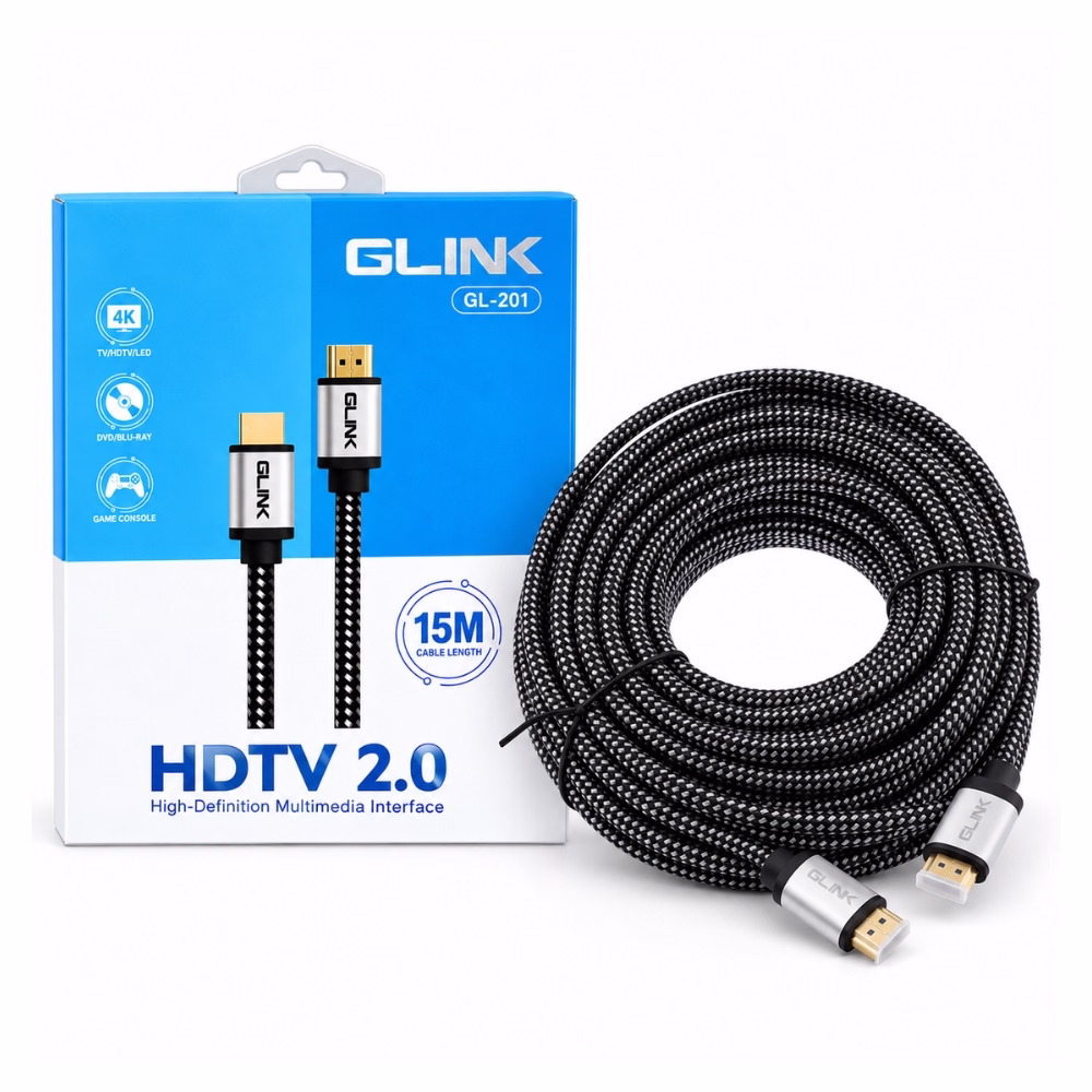 สาย HDMI แบบถัก GLINK รุ่น GL201 ยาว 15 เมตร มาตรฐาน HDTV 2.0 รองรับ 4K วางคู่กับกล่องบรรจุภัณฑ์ ร้านเควีซี คอมพิวเตอร์
