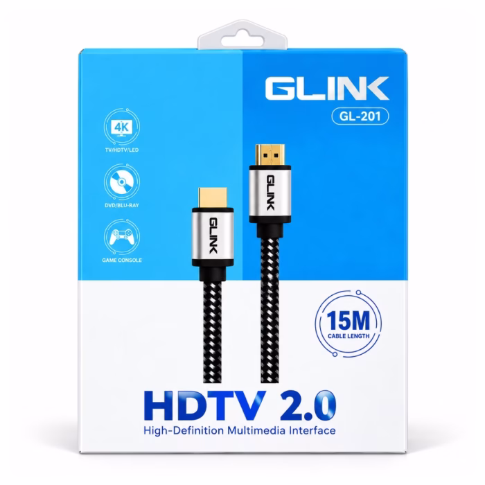 กล่องบรรจุภัณฑ์สาย HDMI แบบถัก GLINK รุ่น GL-201 ยาว 15 เมตร แสดงสเปก HDTV 2.0 รองรับ 4K Blu-ray และ Game Console
