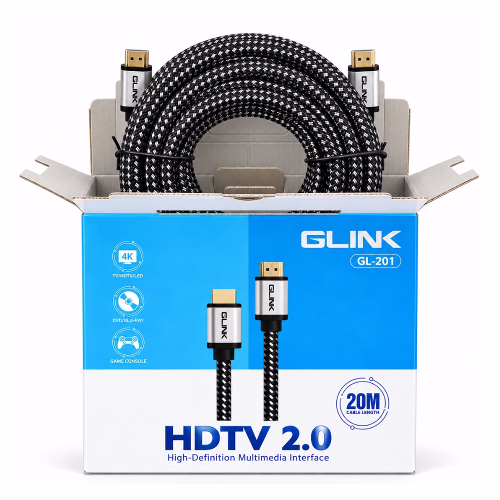 สาย HDMI แบบถัก GLINK รุ่น GL201 ยาว 20 เมตร บรรจุในกล่องเปิดฝา มาตรฐาน HDTV 2.0 รองรับ 4K ร้านเควีซี คอมพิวเตอร์