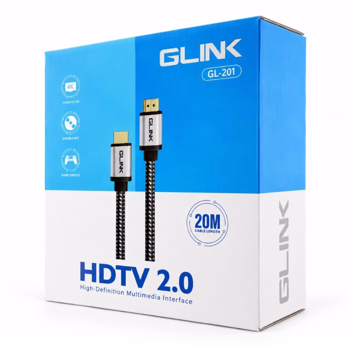 กล่องบรรจุภัณฑ์สาย HDMI แบบถัก GLINK รุ่น GL-201 ยาว 20 เมตร มุมมองสามมิติ แสดงสเปก HDTV 2.0 รองรับ 4K Blu-ray และ Game Console