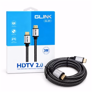 สาย HDMI แบบถัก GLINK รุ่น GL201 ยาว 3 เมตร มาตรฐาน HDTV 2.0 รองรับ 4K วางคู่กับกล่องบรรจุภัณฑ์ ร้านเควีซี คอมพิวเตอร์