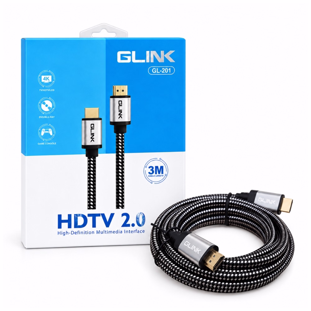 สาย HDMI แบบถัก GLINK รุ่น GL201 ยาว 3 เมตร มาตรฐาน HDTV 2.0 รองรับ 4K วางคู่กับกล่องบรรจุภัณฑ์ ร้านเควีซี คอมพิวเตอร์