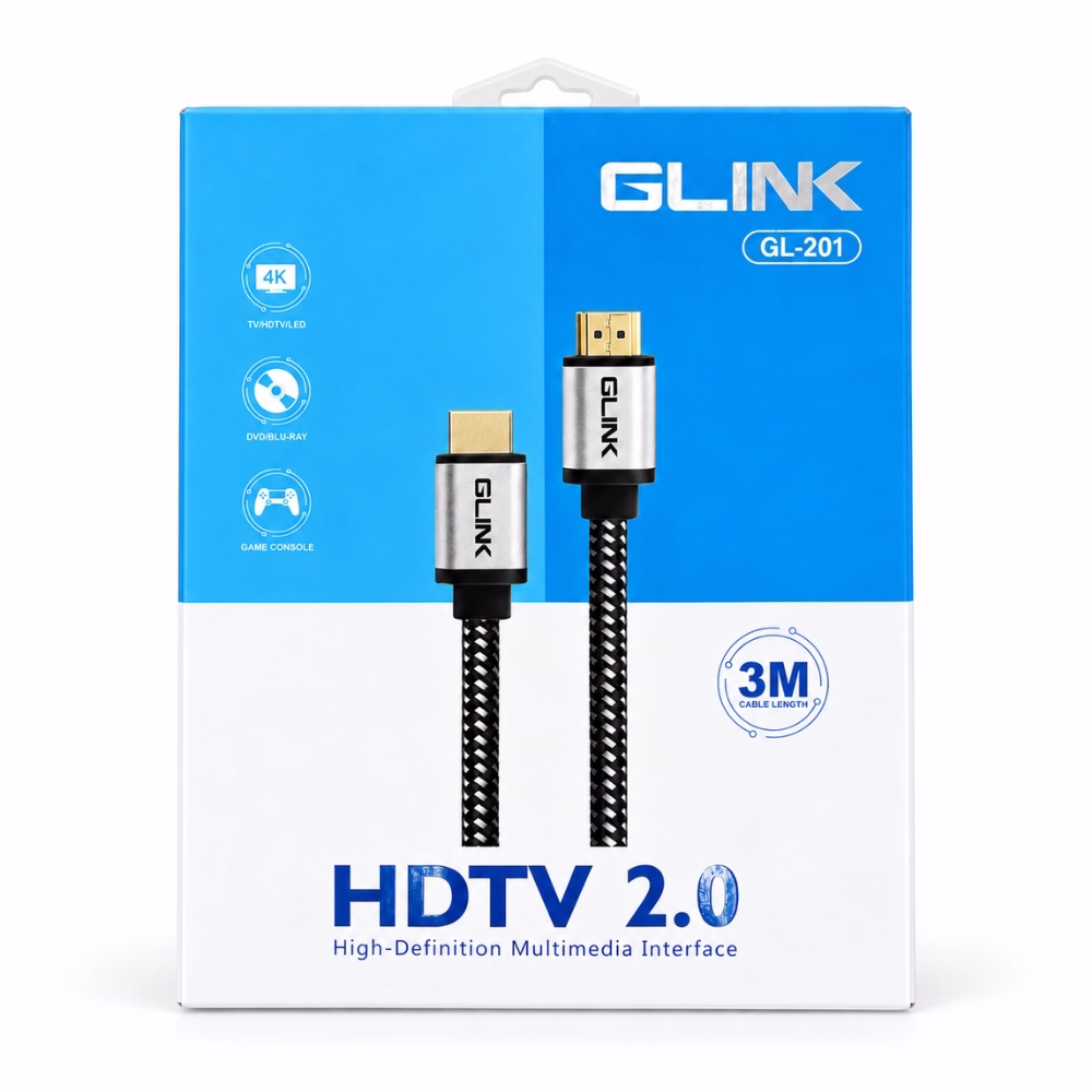 กล่องบรรจุภัณฑ์สาย HDMI แบบถัก GLINK รุ่น GL-201 ยาว 3 เมตร แสดงสเปก HDTV 2.0 รองรับ 4K Blu-ray และ Game Console