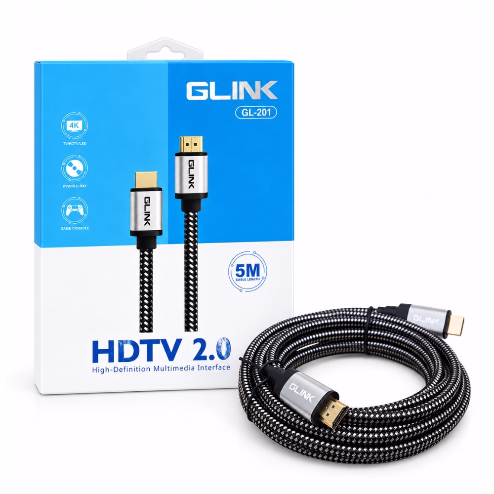 สาย HDMI แบบถัก GLINK รุ่น GL201 ยาว 5 เมตร มาตรฐาน HDTV 2.0 รองรับ 4K วางคู่กับกล่องบรรจุภัณฑ์ ร้านเควีซี คอมพิวเตอร์