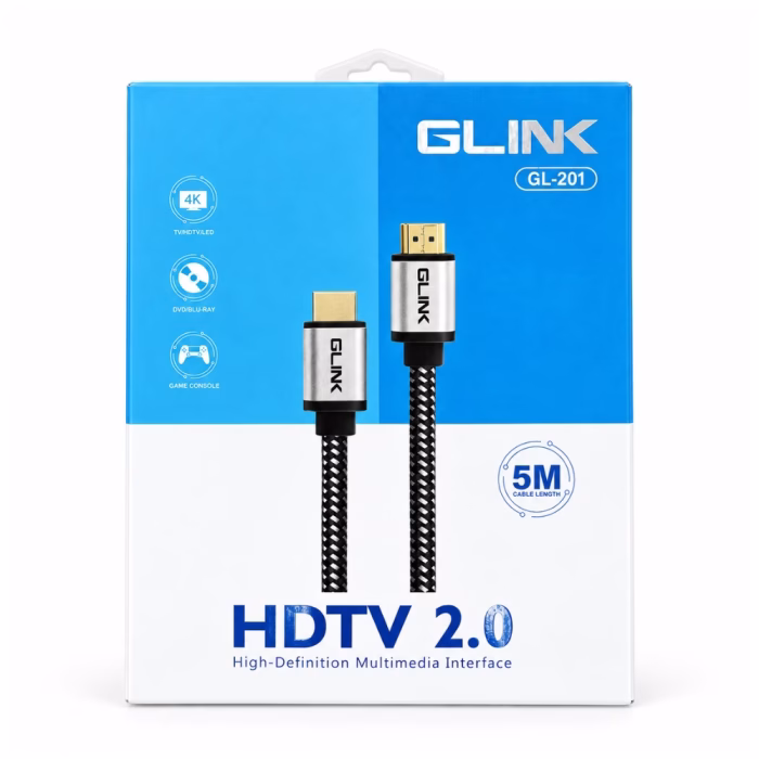กล่องบรรจุภัณฑ์สาย HDMI แบบถัก GLINK รุ่น GL-201 ยาว 5 เมตร แสดงสเปก HDTV 2.0 รองรับ 4K Blu-ray และ Game Console