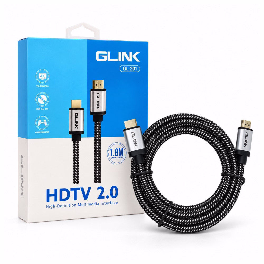 สาย HDMI แบบถัก GLINK รุ่น GL201 ยาว 1.8 เมตร มาตรฐาน HDTV 2.0 รองรับ 4K วางคู่กับกล่องบรรจุภัณฑ์ ร้านเควีซี คอมพิวเตอร์