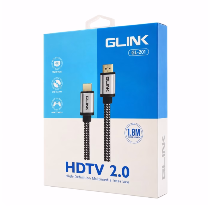 กล่องบรรจุภัณฑ์สาย HDMI แบบถัก GLINK รุ่น GL-201 ยาว 1.8 เมตร แสดงสเปก HDTV 2.0 รองรับ 4K Blu-ray และ Game Console
