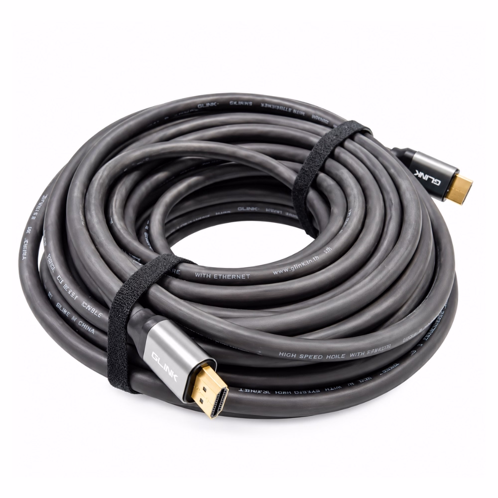 สาย HDMI หุ้ม PVC GLINK GL202 ยาว 20 เมตร ม้วนทรงกลมรัดสายตีนตุ๊กแก โชว์หัวต่อชุบทองคำและฉนวน PVC หนาทนทาน ร้านเควีซี คอมพิวเตอร์